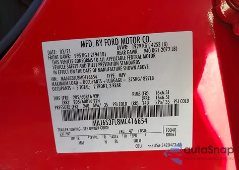 2021 Ford Ecosport S из США, поврежденный, VIN MAJ6S3FL8MC416654